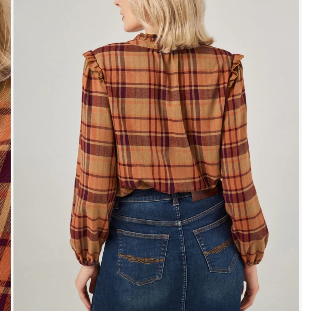 Frye• Ruffle orange/brown flacket button-down plaid shirt. Sz M - Picture 5 of 14